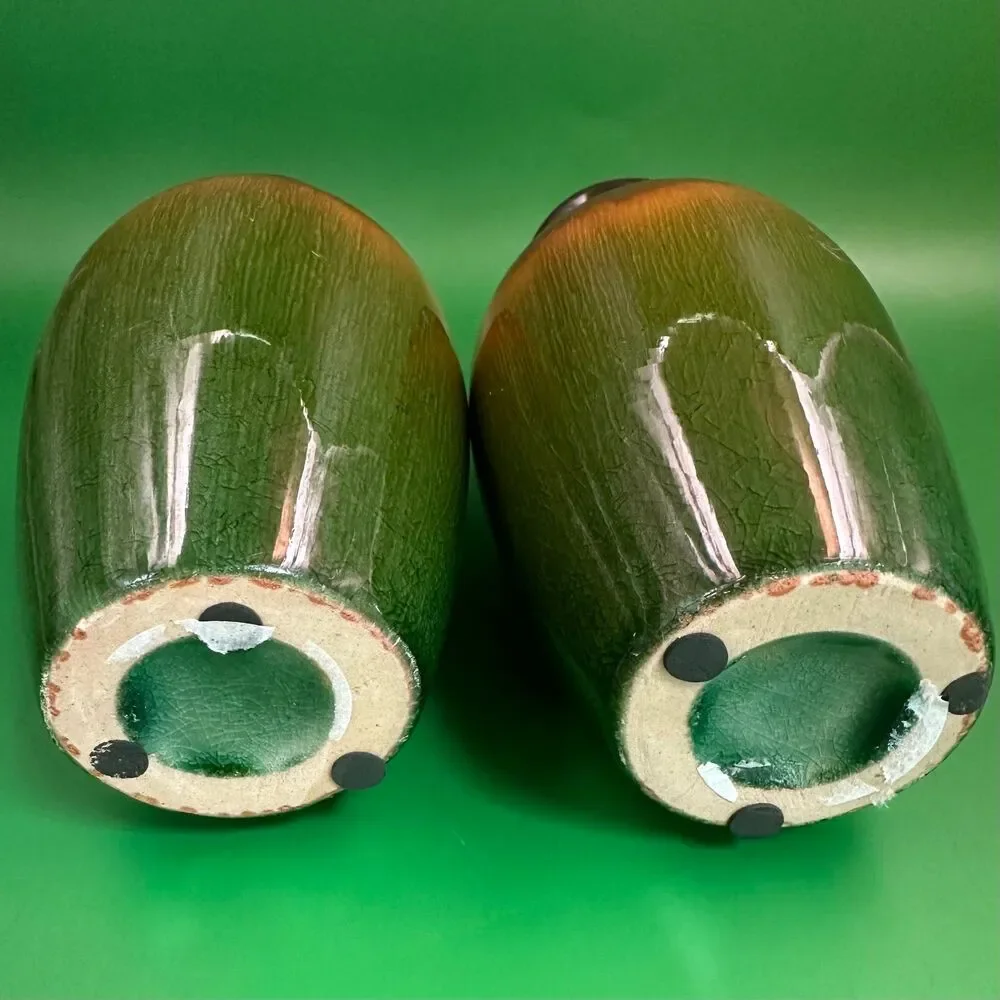 Set of 2 Hosley Ceramic Vases Green Crackle Metallic Drip Glaze Boho Decor